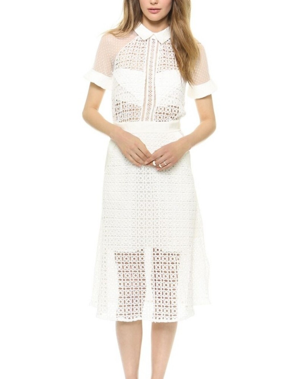 Self-Portrait White Eyelet Midi Dress with Short Sleeves(US 0)